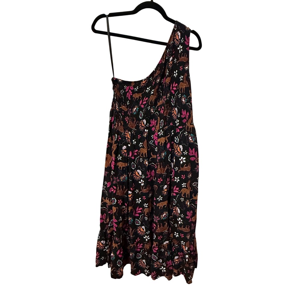 Torrid One Shoulder Dress Size 2 Black Brown Pink Floral Animal Print Smocked